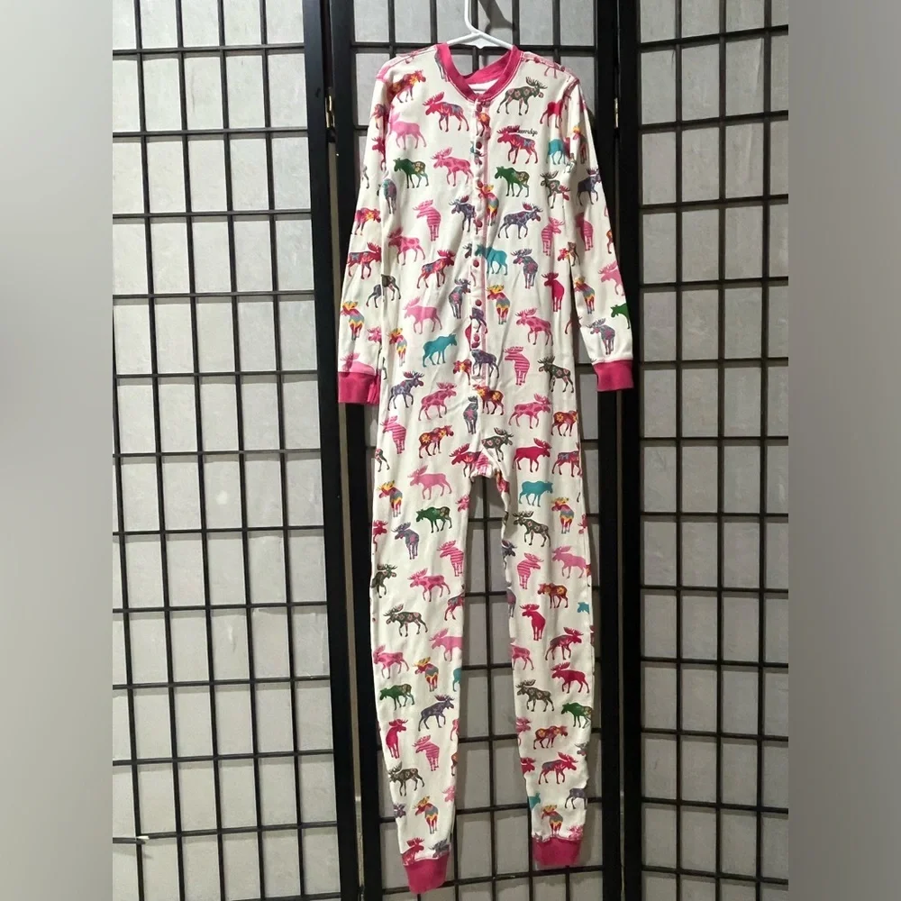 HATLEY LITTLE BLUE HOUSE MOOSE PATTERNED KIDS UNION SUIT PAJAMAS, GIRLS SIZE 10